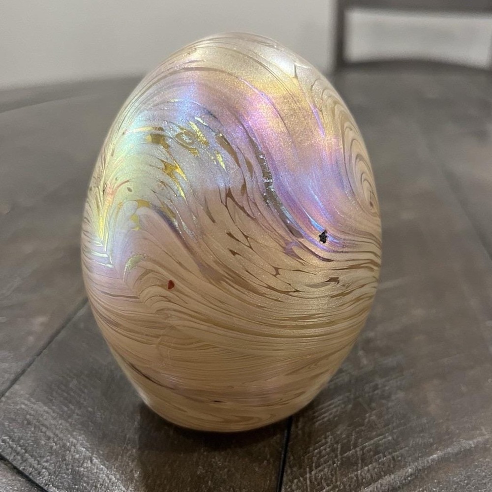 Vtg Tom St Clair Studio Art Glass Swirl Egg Paperweight Iridescent Gold‎